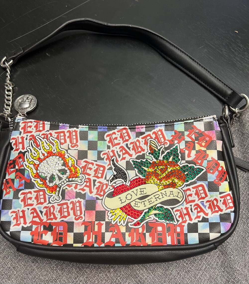Ed Hardy Erica Baguette Shoulder Bag with Rhinestone Skull and Rose Design